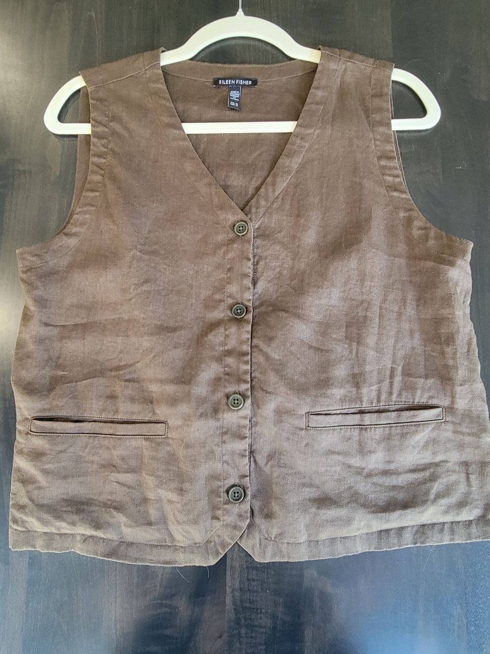 Eileen Fisher V-Neck Organic Linen Button Down Vest "Branch" Brown XS